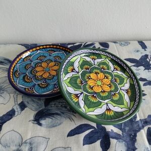 Vibrant Green and Blue Floral Deruta  Ceramic Plates Set of 2 Italy
